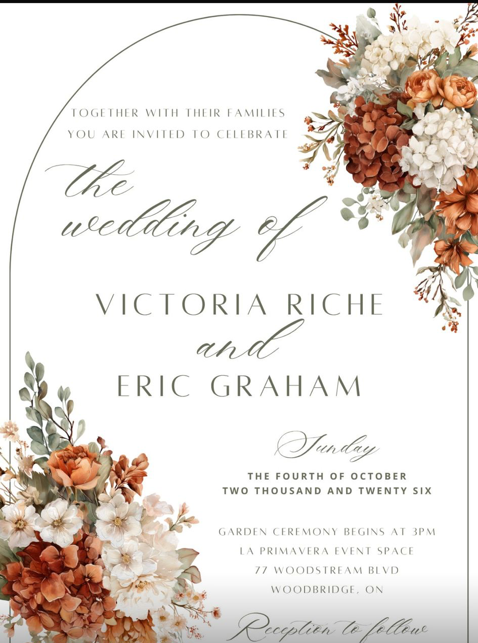 Wedding invitation for Victoria Riche and Eric Graham, Sunday October 4, 2026 at La Primavera Event Space, Woodbridge, Ontario.